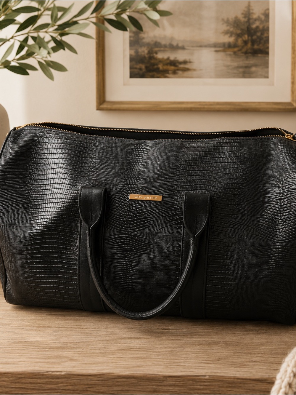 Amy Miller Black Faux Leather Snake Skin Textured Leather Weekender Bag